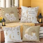 ⁦4 قطع غطاء وسادة من الكتان بنمط فوانيس هلال للاحتفال برمضان، مقاس 45x45 سم⁩ - الصورة ⁦6⁩