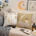 4 قطع غطاء وسادة من الكتان بنمط فوانيس هلال للاحتفال برمضان، مقاس 45x45 سم