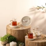 طقم 6كاسات الشاي  وسكرية من لقاء - بيج و ذهبي