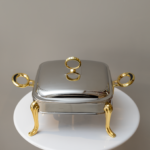 بوفي تقديم مستطيل - فضي مقابض ذهبي